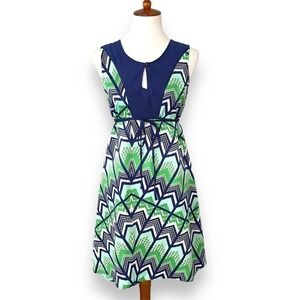 Miss Sixty Green & Blue Sleeveless Keyhole Neck Chevron Print Shift Dress Size 4